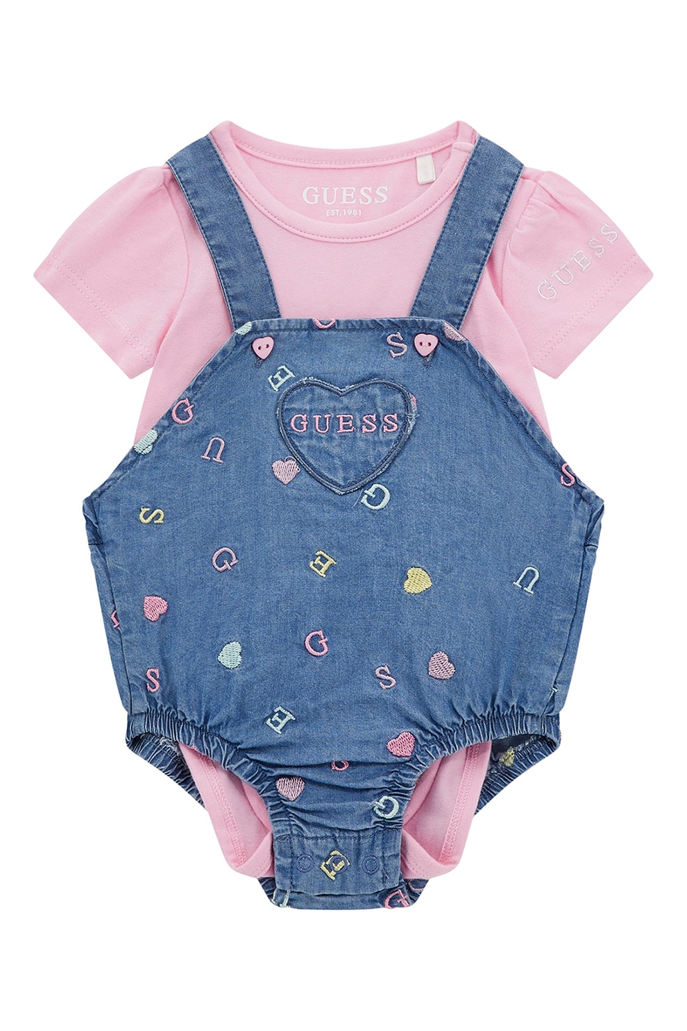Guess Kids, Set de body si salopeta, Roz pastel, Albastru, 62-68 CM