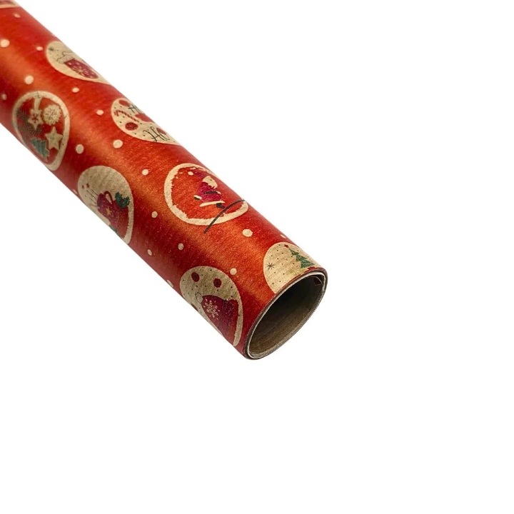 Hartie kraft pentru ambalat cadouri, decor rosu cu diverse detalii de Craciun, in cerculete, 200x70 cm