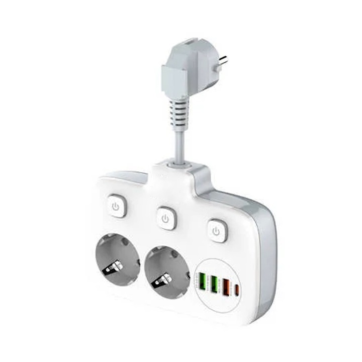 Удължител с 2 гнезда, OPTIM SOLUTION, 3 USB-A порта, 1 USB-C порт, максимална мощност 2500 W, бързо и многократно зареждане, защита от претоварване и късо съединение, бял