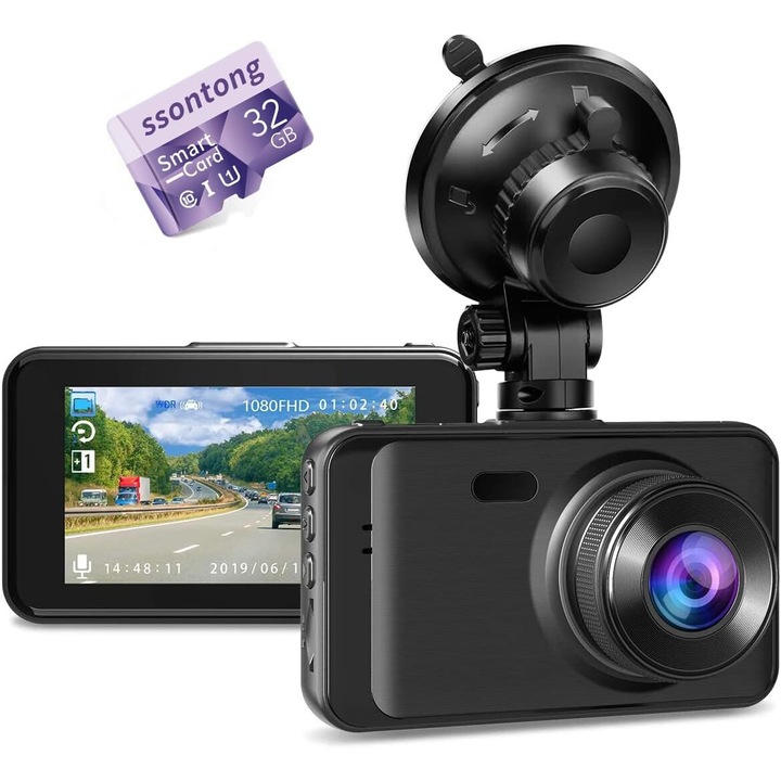 AYCYKD DVR камера за кола, Dash Cam 1080P FHD, нощна, 170° широк ъгъл, 3" IPS екран, 32GB карта включена