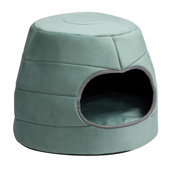 Patut caini si pisici 2 in 1, culcus pliabil pentru animale de companie mici, forma casuta si pat, din bumbac si tesatura de catifea, turcoaz