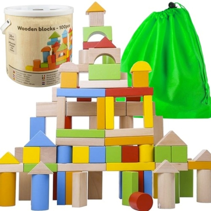 Конструктор 100 кубчета VarioShop, образователна играчка за деца, кутия за съхранение, нетоксичен, дърво, многоцветен