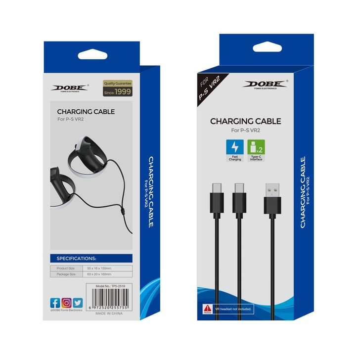 USB кабел за зареждане Dobe , 2 USB TYPE C, 2 в 1, За PSVR2, 2 контролера, Бързо зареждане, Черен