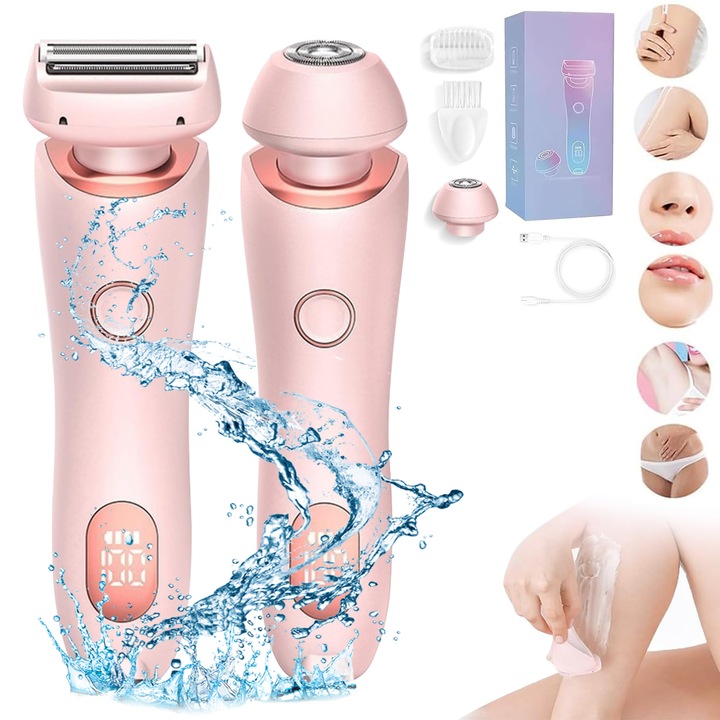 2 az 1-ben elektromos borotva, arc- és testborotva, 2 cserélhető fej, nedves/száraz használat, LCD kijelző, IPX7 vízálló, ergonomikus kialakítás, könnyen használható, ideális ajándék, rózsaszín