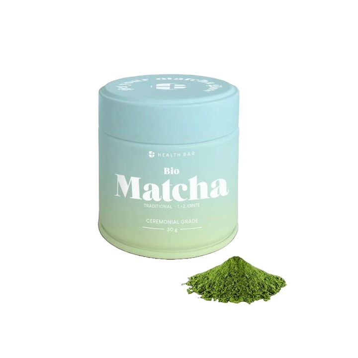 Ceai matcha bio Health Bar, Traditional, gust intens si cremos, contine antioxidanti si nutrienti, fara gluten, organic, premium, cules si procesat manual, cutie metalica 30 g