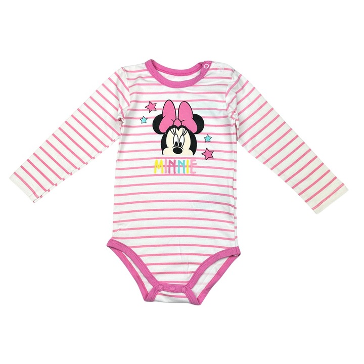 Body bebe, Disney Minnie, maneca lunga, din bumbac si elastan, alb cu dungi roz, Alb