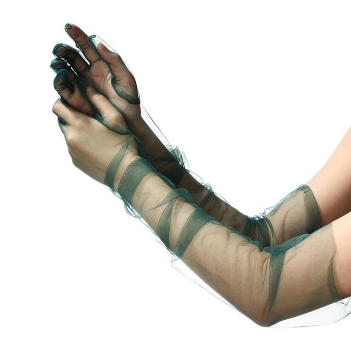 Manusi lungi Tyrael-SEA, din tul transparent, verzi, 70cm, marime universala