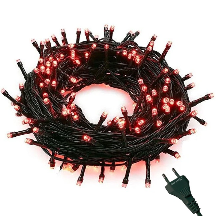 Instalatie De Craciun Tip Liniar GREATON, Sirag De Lumini Rosii, Pentru Interior/Exterior, 8 Moduri de Iluminare, 100 Leduri, Lungime 7 M