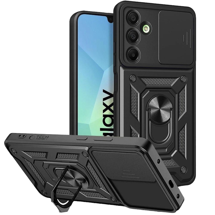 Camshield Pro tok Samsung Galaxy A16 4G / 5G telefonhoz, Tech-Protect, TPU / polikarbonát, 360°-ban forgatható gyűrű, fekete