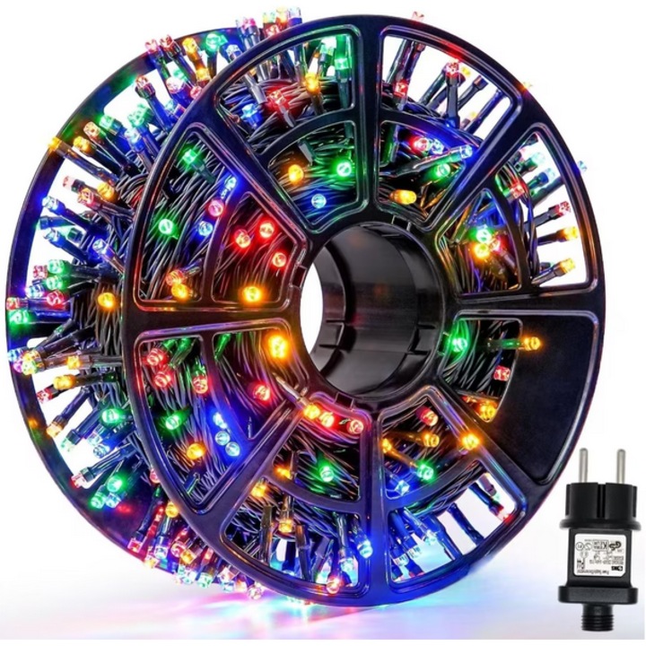 BZRSH Lineáris karácsonyi szerelőtekercs, 300 LED, 8 cserélhető lámpakészlet, beltéri/kültéri tápegység, 50 m-es tekercs, fekete vezeték, többszínű