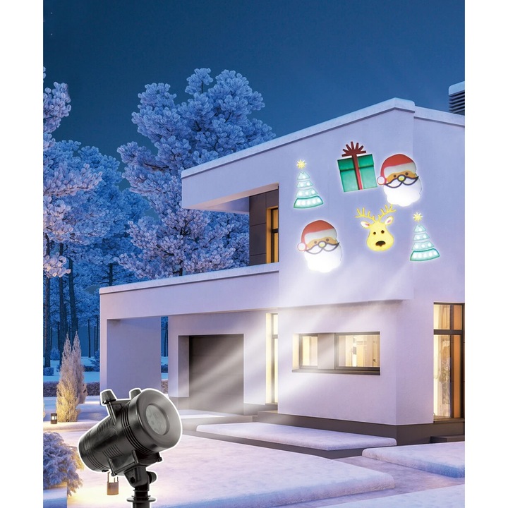 Proiector Led pentru Craciun si Alte Sarbatori idealStore, Include 6 Filme cu 4 Modele, Patru Surse Tip LED, Timp De Functionare 8 Ore, Model Rotativ, Proiectie Multicolora, Distanta de Proiectie Mare