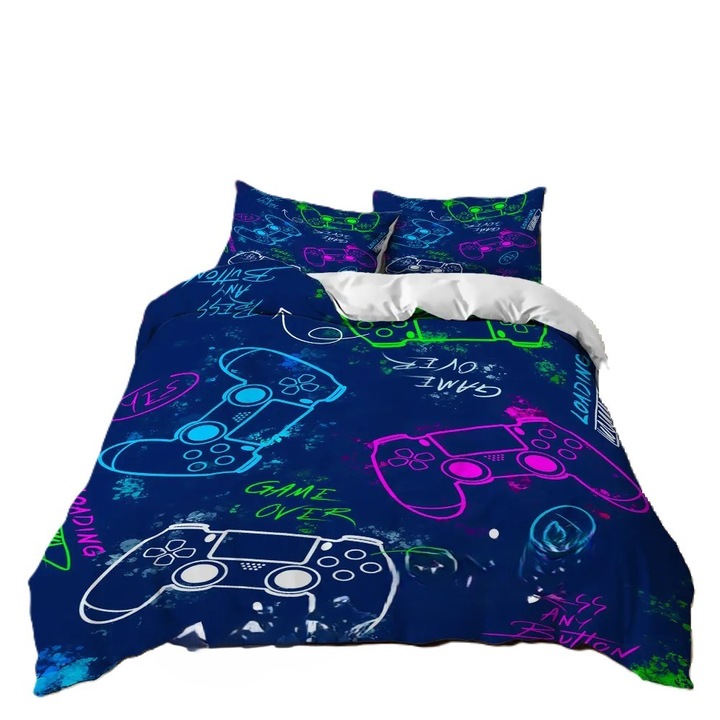 Dupla ágyneműgarnitúra, 2 személyes, poliészter, 3 db 230x250 cm, gaming print