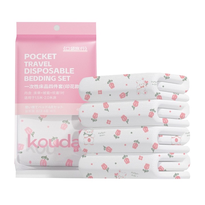 Set de lenjerie de pat de unica folosinta, 3 straturi de material textil netesut, igienic si respirabil, cu imprimeu