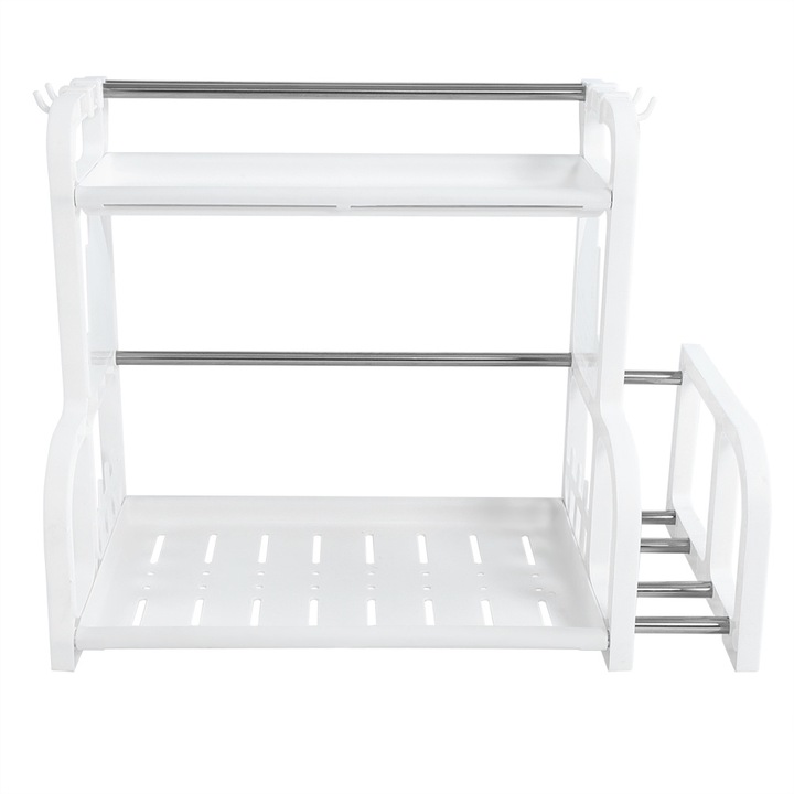 Jormftte, fehér, 2 rétegű konyhai tárolópolc vágódeszka tartóval és kampókkal