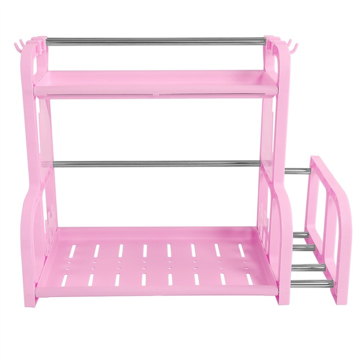 Jormftte, rózsaszín, 2 szintes konyhai tárolópolc vágódeszka tartóval és kampókkal
