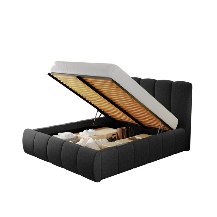 Pat dublu tapitat Nuvole, cadru lemn si pal, 160x200 cm, negru, cu somiera rabatabila si lada depozitare