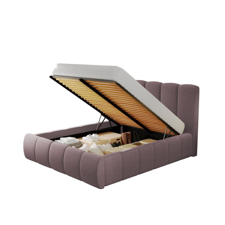 Pat dublu tapitat Nuvole, cadru lemn si pal, 160x200 cm, roz, cu somiera rabatabila si lada depozitare