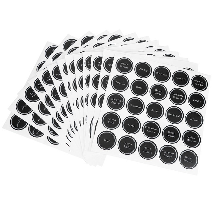 Set 13 foi etichete pentru borcane condimente, Bizaical, vinil, rezistent la apa, autocolante, 3.8cm, 25buc/pag, negru