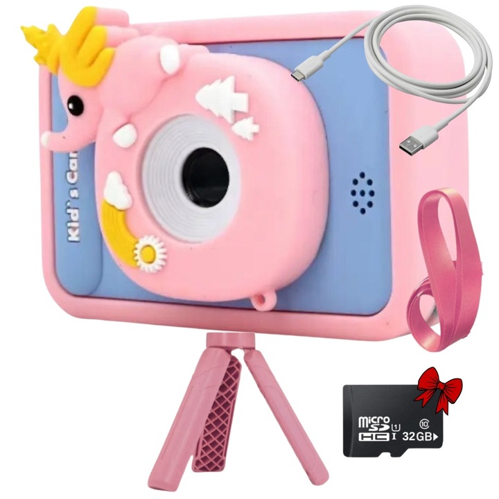 Aparat foto pentru copii SMARTIC®, rezolutie Full HD 1080p, baterie 600mAh, ecran 2.4 inch, card memorie 32 GB, jocuri integrate, MP3, mod selfie, USB type-C, roz