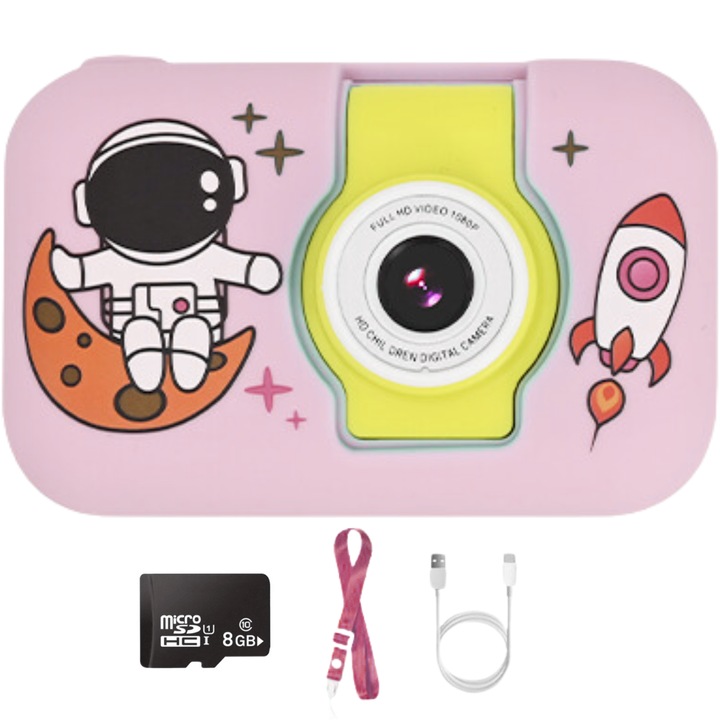 Digitális fényképezőgép gyerekeknek, SMARTIC®, SRKDC-0025R modell, 8GB micro SD kártya, fotó, videó, szelfi funkciók, integrált játékok, MP3, rózsaszín