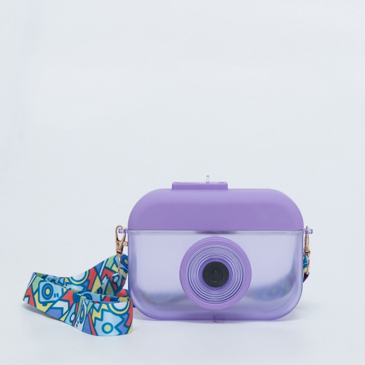 Jormftte vizespalack, fényképezőgép forma, 400ml űrtartalom, szívószállal, hordozható, lila