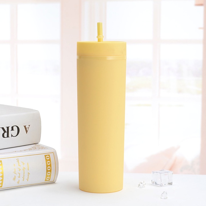 Jormftte szívószálas pohár, műanyag, nagy űrtartalmú, sárga