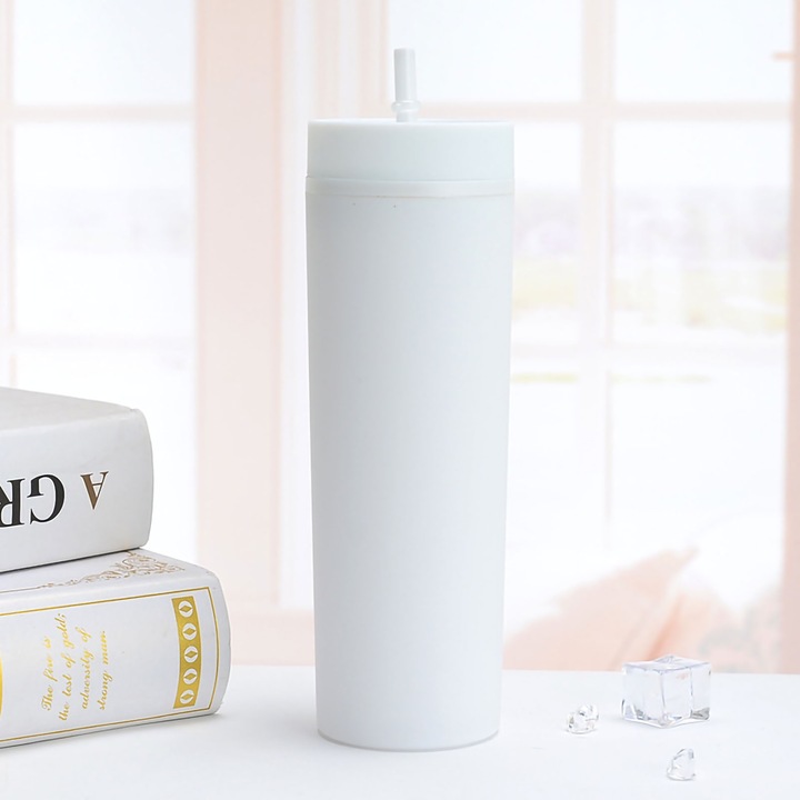 Jormftte szívószálas pohár, műanyag, nagy űrtartalmú, fehér