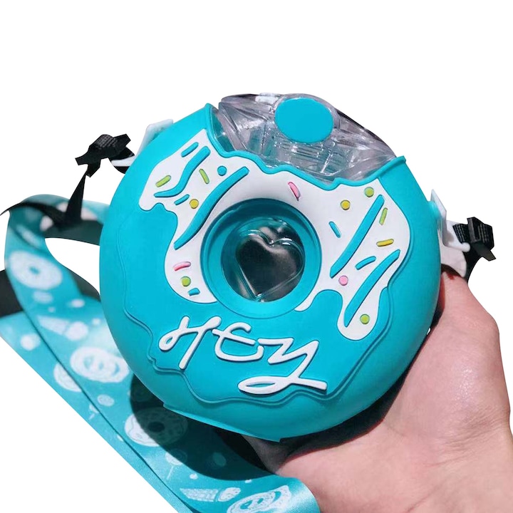 Jormftte gyerek kulacs, fánk alakú, hőálló, szivárgásmentes, kék, 380ml