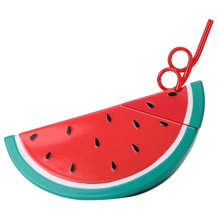 Aranyos görögdinnye alakú vizespalack, gyümölcslé pohár, italpohár hullámos szívószállal strandra