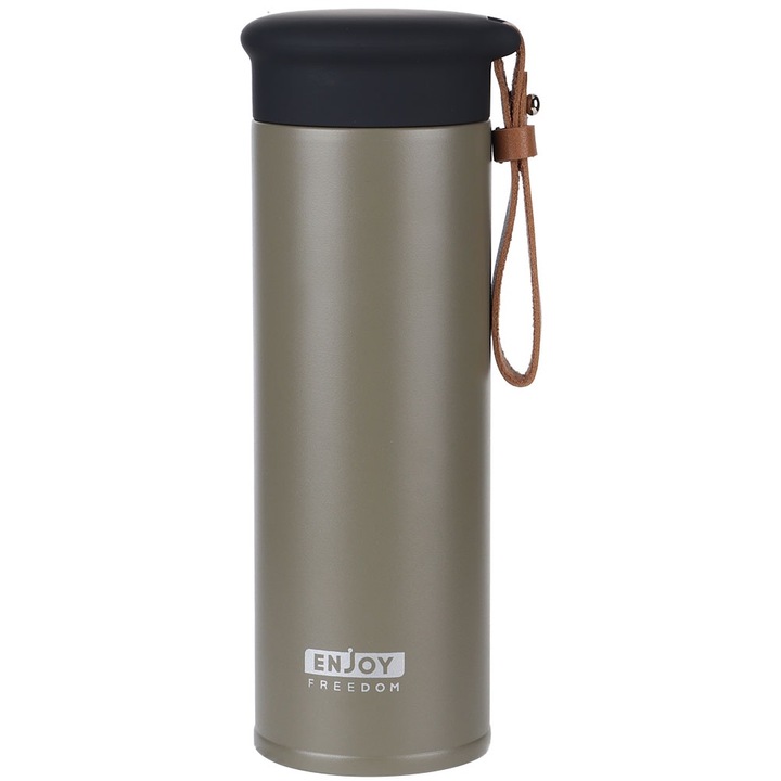 Rozsdamentes acél termosz, 450ml, olíva zöld, tea infúzióval