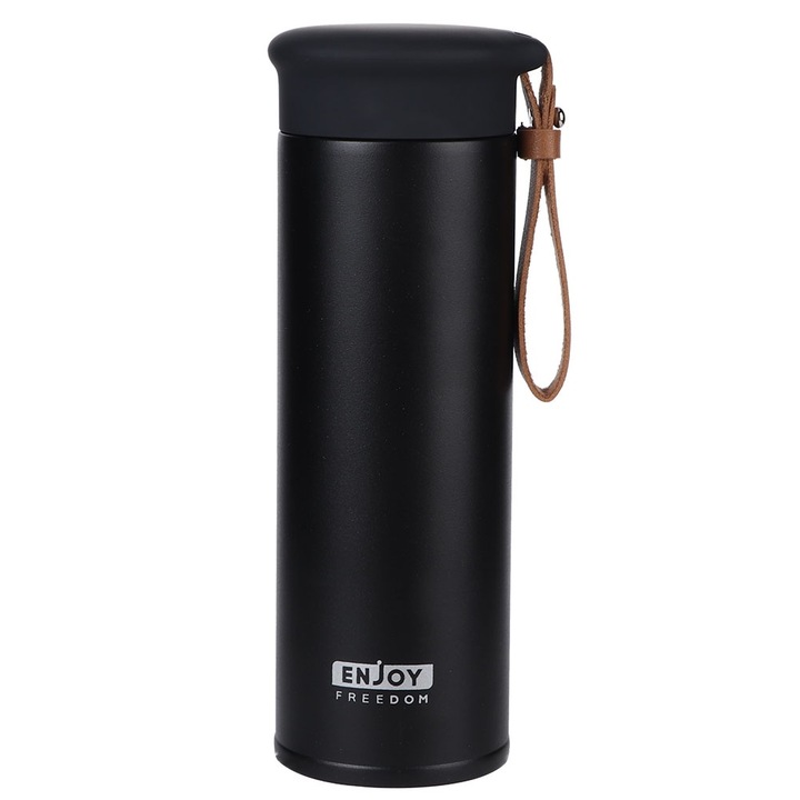 Rozsdamentes acél termosz, 450ml, fekete, tea infúzióval, ergonomikus kialakítással