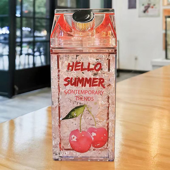 Paie hideg nyári kültéri italcsésze jég divatos négyzet alakú 2 rétegű tejdoboz forma diákoknak rózsaszín 430 ml