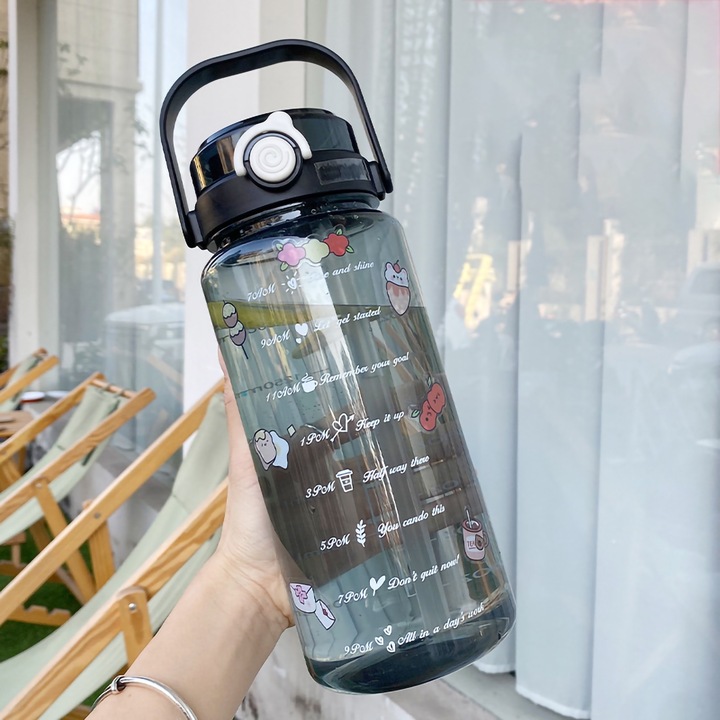 Голяма бутилка за вода Mmgoqqt, 2000 ml, 2 начина на пиене, PC PP материал, голям капацитет, черна