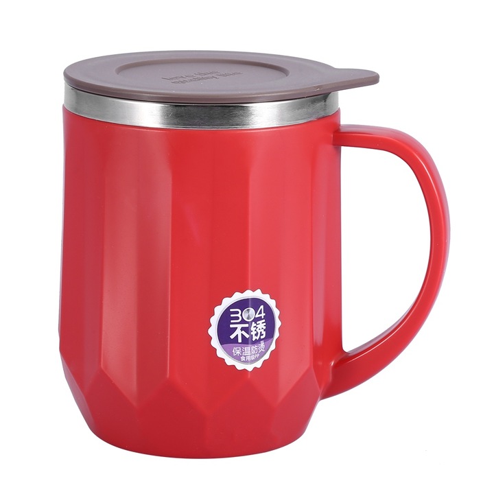 Rozsdamentes acél szigetelt kávé, tea, vizes bögre fogantyúval és fedéllel (piros)