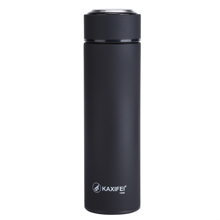 Rozsdamentes acél termosz 500ml, szivárgásmentes fedél, vákuum szigetelés, tea infúzió, fekete