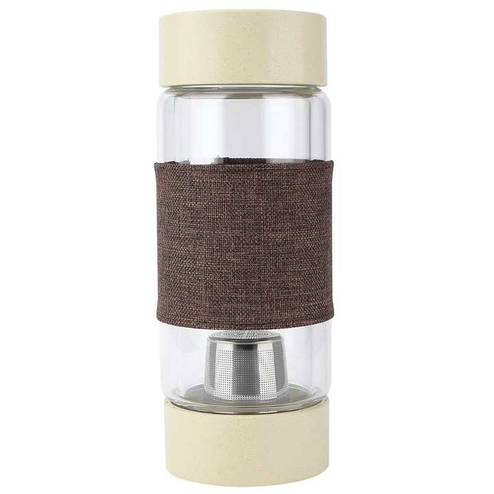 Hordozható duplafalú üveg vizespalack teaelválasztóval, rozsdamentes acél szűrővel (barna)