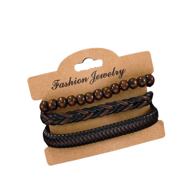 Set 3 bratari Elegante, 1 elastica si 2 reglabile, tematica fashion style, unisex, negru si maro inchis