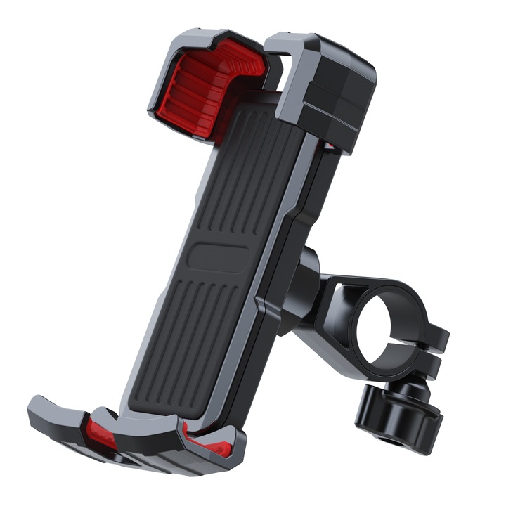 Suport Telefon Universal pentru Bicicleta cu Rotire 360°, Brate ajustabile pentru telefoane cu dimensiuni intre 4-7 inch, mecanism de prindere stabil, rosu