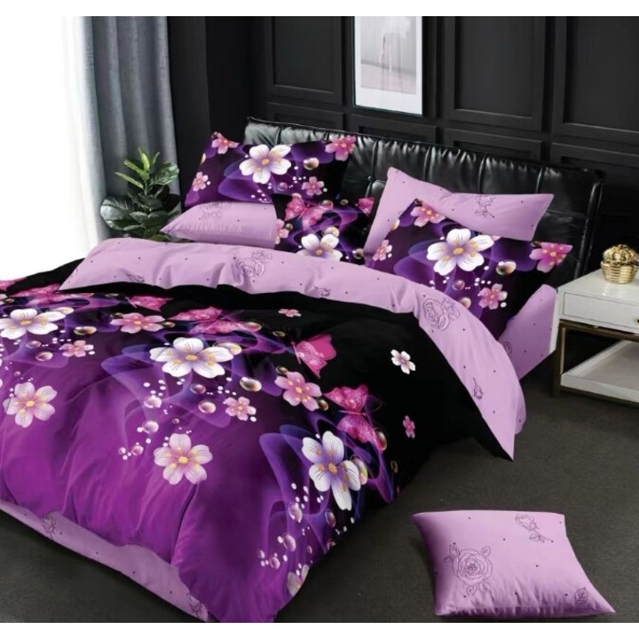 Lenjerie de pat dublu, 6 piese, 2 persoane, 180x200 cm, imprimeu campie de flori, multicolor