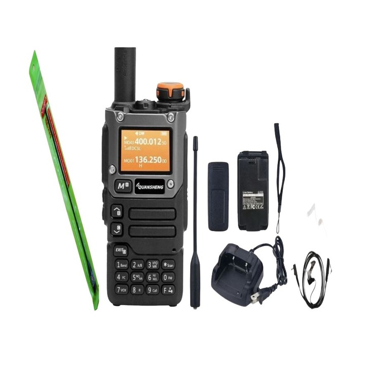 Професионална радиостанция Quansheng K6/UV-K5(8), антена Nagoya NA771 с 2,15dBi и 10W усилване, Hands Free THK, водо- и прахоустойчива, двулентова, UHF/VHF/морска/авиационна, черна