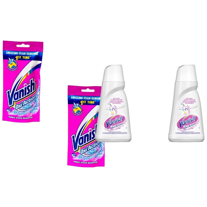 Set Vanish 4 x Variety, 2 x Pete Lichid 100ml White, 2 x Pete Lichid 1l White, fresh aroma, parfum floral, distruge calcarul, rapid si eficient, testat dermatologic, prospetime de lunga durata, eficacitate maxima, continut generos