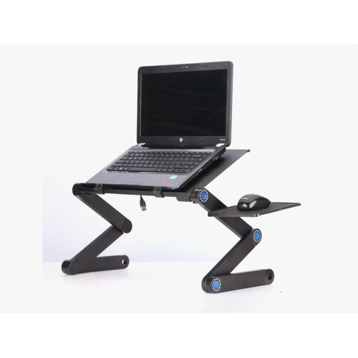 Masa pentru laptop cu suport mouse si orificii pentru aerisire, Aluminiu, picioare reglabile 360°, Maxim 17 kg, 590 x 260 mm, Negru