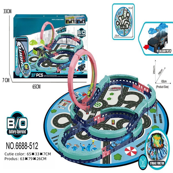 Tren de jucarie pentru copii, DIY telecomanda electrica, coliziune explozie pista masina de curse, asamblare competitiv, vizual, dezvoltarea intelectuala, interactiunea personala, material siliconic, usor de utilizat, depozitare covor, cu 2 masini