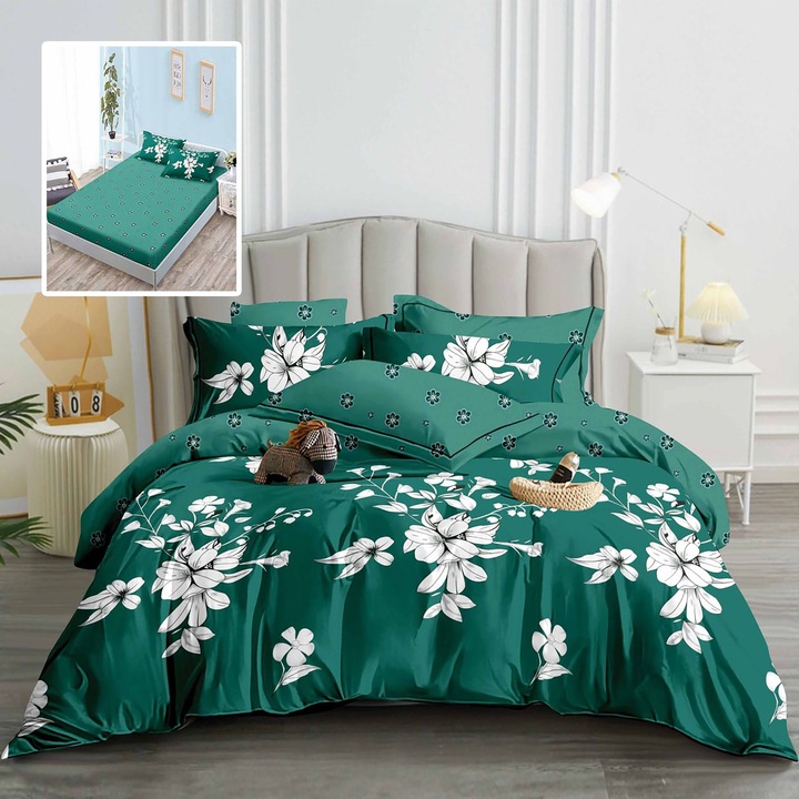 Двойно спално бельо Finet Cotton 6 части с калъф за матрак 160x200 или 180x200 см, завивка 200x230 см, 2 калъфки за възглавници 50x70 и 70x70 см, Бяло-Зелено, Pucioasa HF6P228