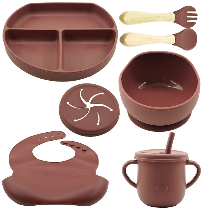 Бебешки комплект, 8 части, силикон Premium, нетоксичен, регулируем лигавник, отделение за остатъци, преградна купа и чиния с вендузи, чаша за закуски, дървени и силиконови прибори за хранене, без алергени, развива автономността на детето, кафяв