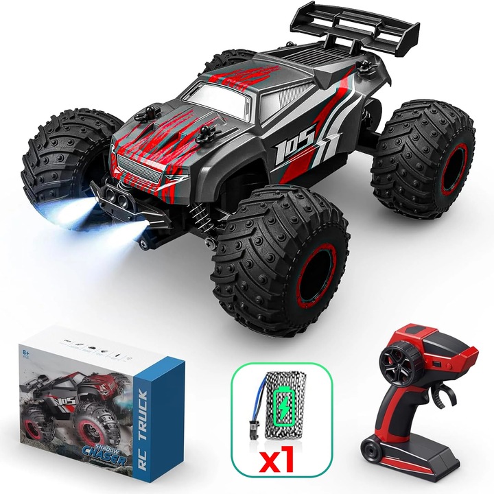 RC Off-Road Monster Truck távirányítóval, Timebox, 20 km/h, 4WD, LED fények, világító burkolat, 1 akkumulátoros elem mellékelve, gyerekeknek készült játék, Fekete/Piros