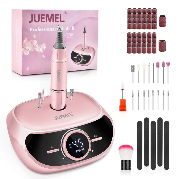 Професионална бормашина за нокти Juemel M7063 45000 RPM Интелигентен дисплей Нисък шум Ниска топлина Ниска вибрация За акрилен гел Нокти Педикюр Маникюр Инструменти Розово злато