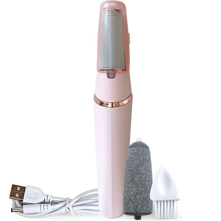 Láb sarokreszelő, elektromos, USB töltés, tisztítókefével, 2 sebességfokozat, LED lámpa, fehér/rózsaszín