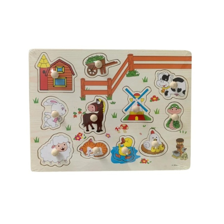 Puzzle Montessori din lemn Mixbo, Ferma cu animale 2, 11 piese, 30 x 22.5 cm, multicolor