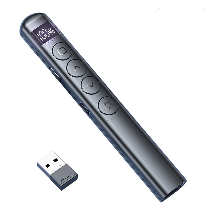 Vezeték nélküli előadó, lézermutató, multimédiás bemutató, 100 m, LCD, üzleti, oktatás, USB, fekete